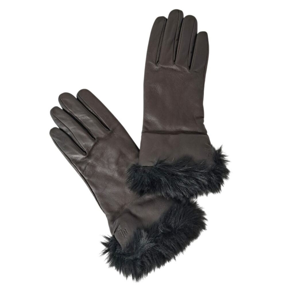 LAUREN Brown Leather Gloves Size M Designer Black Faux Fur Trim Classy Elegant